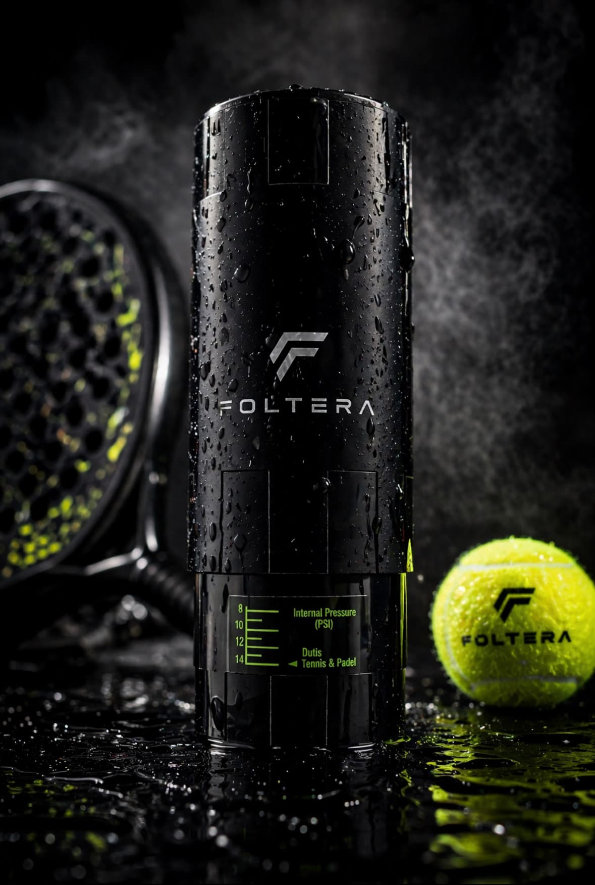 De Foltera Pressure Tube, nat van de regen, naast een padelracket en drie ballen